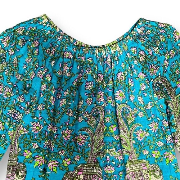 PEEK Girls Peasant Top Sz Large 8 Teal Blue Pink Boho Paisley Floral Elephant - Picture 4 of 7